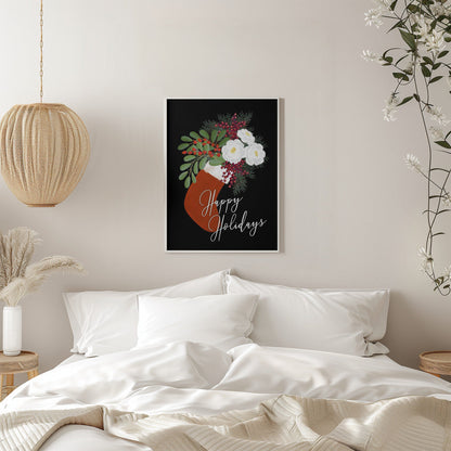 Wandbild Blumen Strumpf Frohe Feiertage in Schwarz Leinwandbild