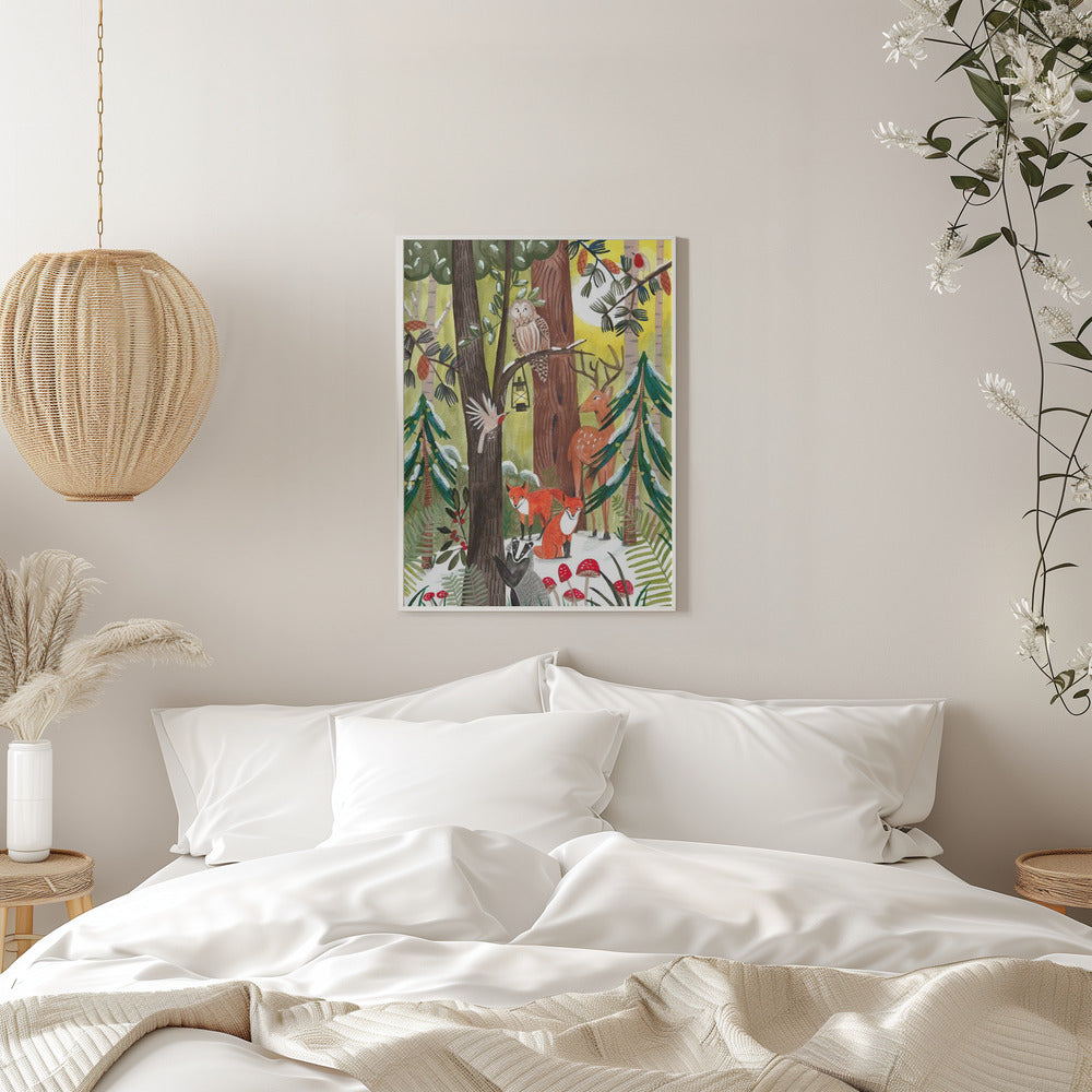 Wandbild Grüner Weihnachtswald mit Tieren Leinwandbild