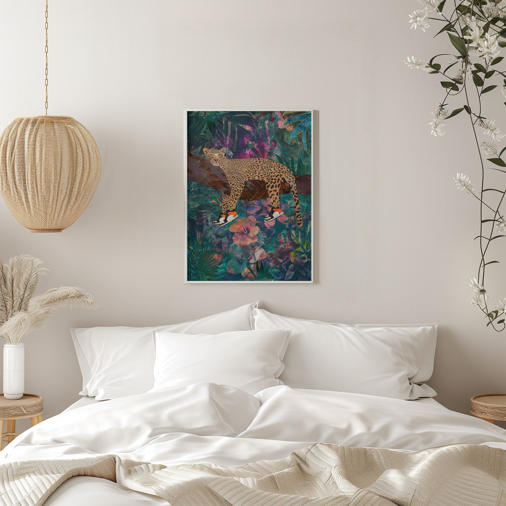 Wandkunst Tropische Blumen Dschungel – Leopard trägt Schuhe