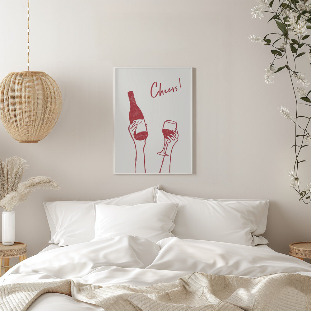 Wandbild Wein-Illustration & Text „Cheers“ (schwarz-weiß)