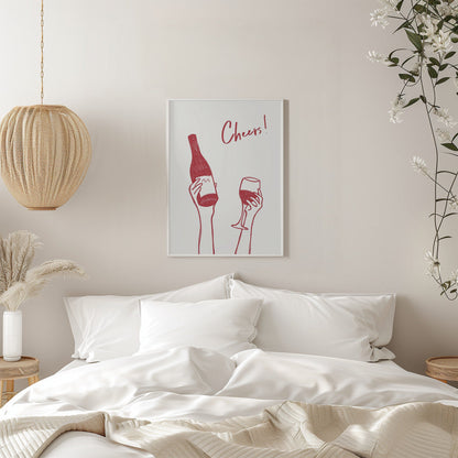 Wandbild Wein-Illustration & Text „Cheers“ (schwarz-weiß)