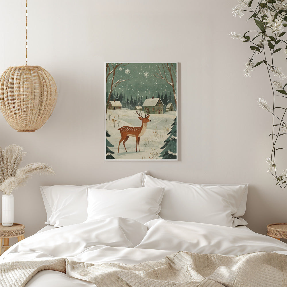 Wandbild Hirsch Winterferien Grüner Leinwanddruck