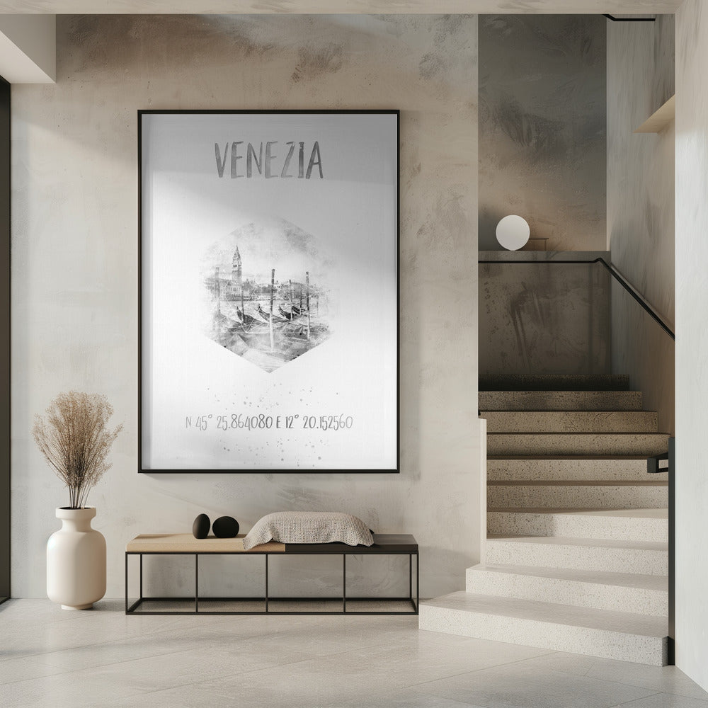 Wandbild Koordinaten VENEDIG Canal Grande | monochrome Aquarell