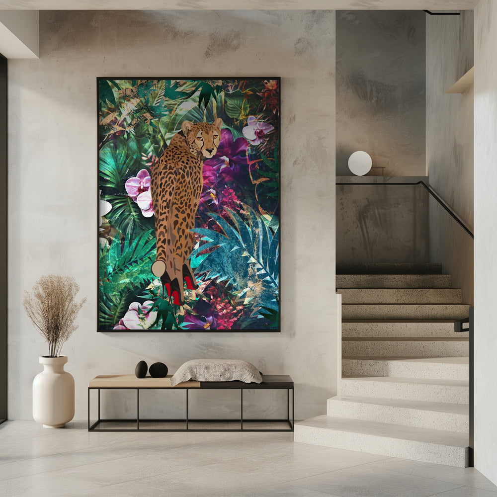 Wandkunst Tropisch Floral Dschungel - Gepard in High Heels