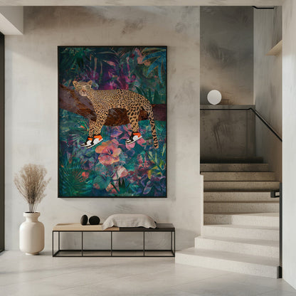 Wandkunst Tropische Blumen Dschungel – Leopard trägt Schuhe