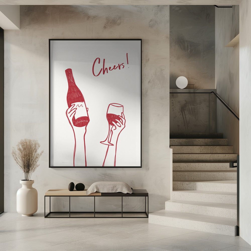 Wandbild Wein-Illustration & Text „Cheers“ (schwarz-weiß)