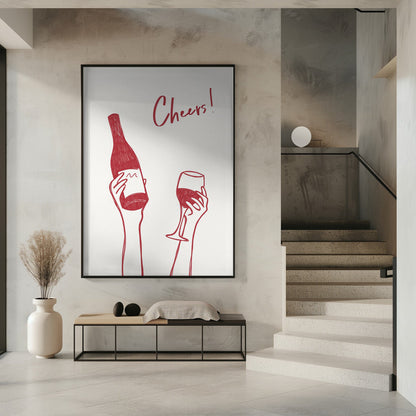Wandbild Wein-Illustration & Text „Cheers“ (schwarz-weiß)
