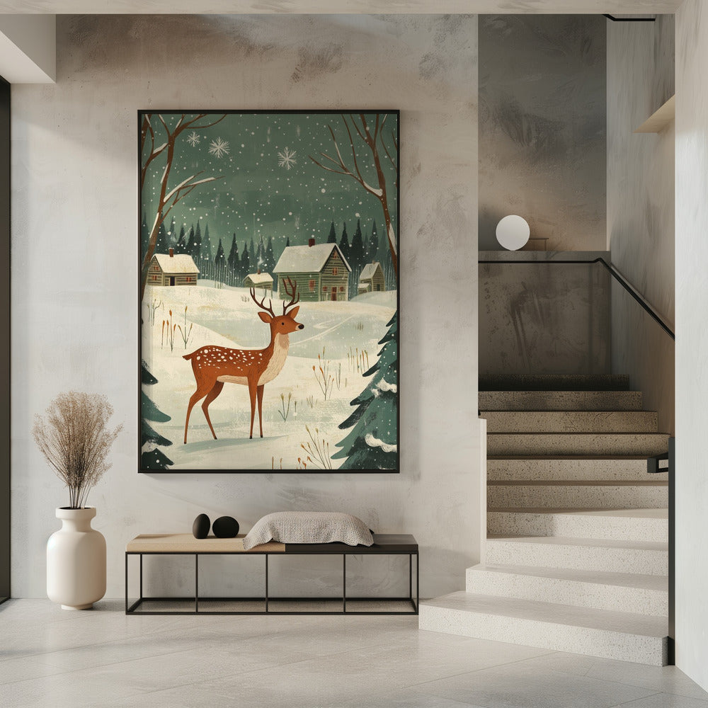 Wandbild Hirsch Winterferien Grüner Leinwanddruck