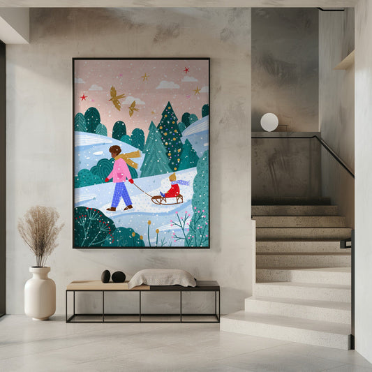 Wandbild Schneespaziergang mit Schlitten 2 Leinwanddruck