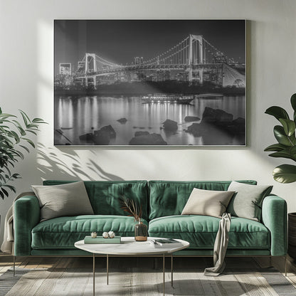 Wandbild Wunderschöne Regenbogenbrücke mit Tokio-Skyline am Abend - monochrom