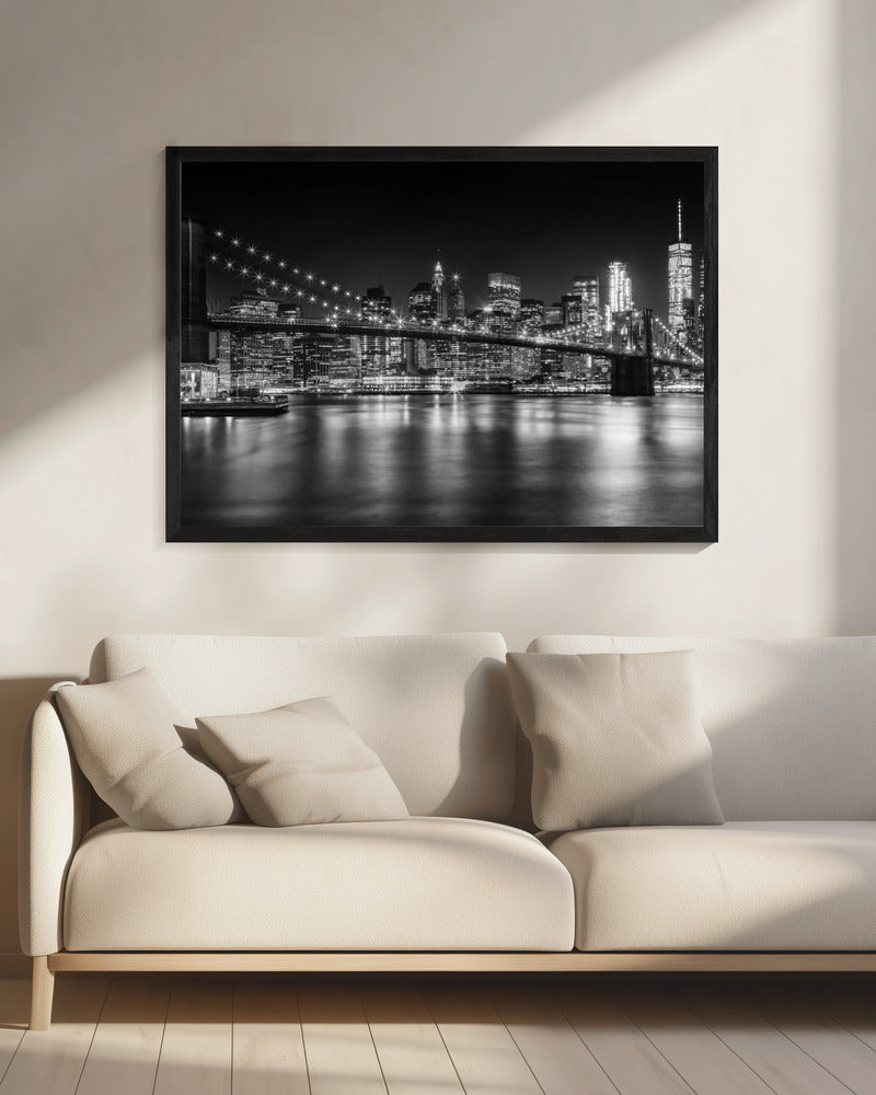 Wandkunst – MANHATTAN SKYLINE und BROOKLYN BRIDGE Idylische Nachtlandschaft