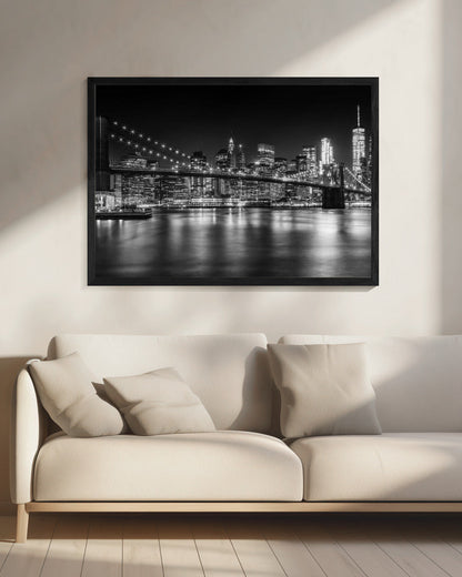 Wandkunst – MANHATTAN SKYLINE und BROOKLYN BRIDGE Idylische Nachtlandschaft
