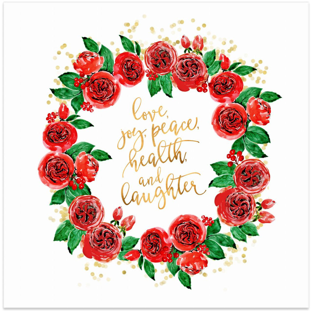 Wandbild Weihnachtswünsche Kranz aus roten englischen Rosen
