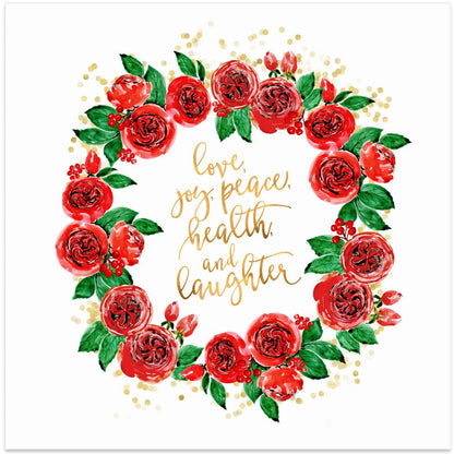 Wandbild Weihnachtswünsche Kranz aus roten englischen Rosen