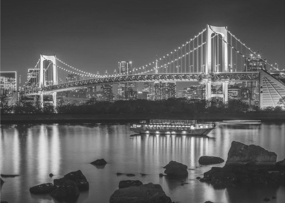 Wandbild Wunderschöne Regenbogenbrücke mit Tokio-Skyline am Abend - monochrom
