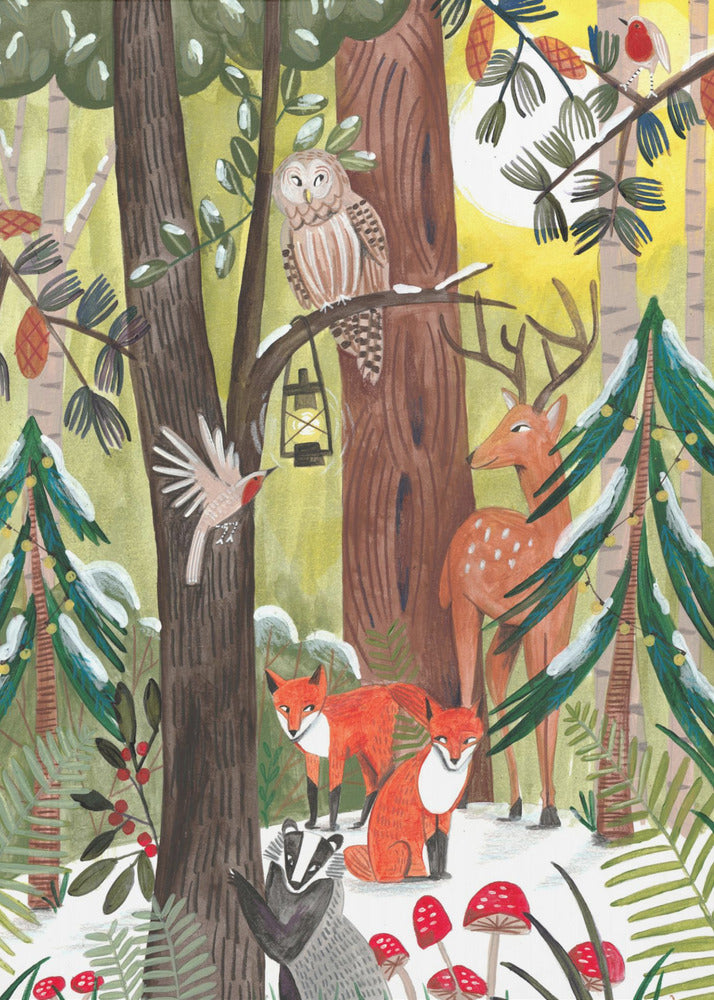 Wandbild Grüner Weihnachtswald mit Tieren Leinwandbild