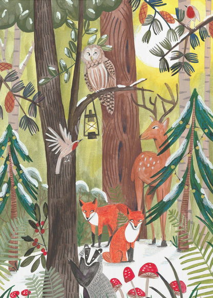 Wandbild Grüner Weihnachtswald mit Tieren Leinwandbild
