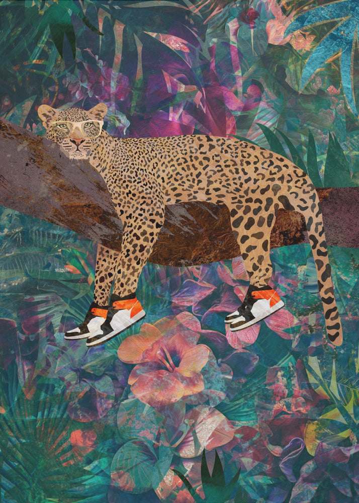 Wandkunst Tropische Blumen Dschungel – Leopard trägt Schuhe