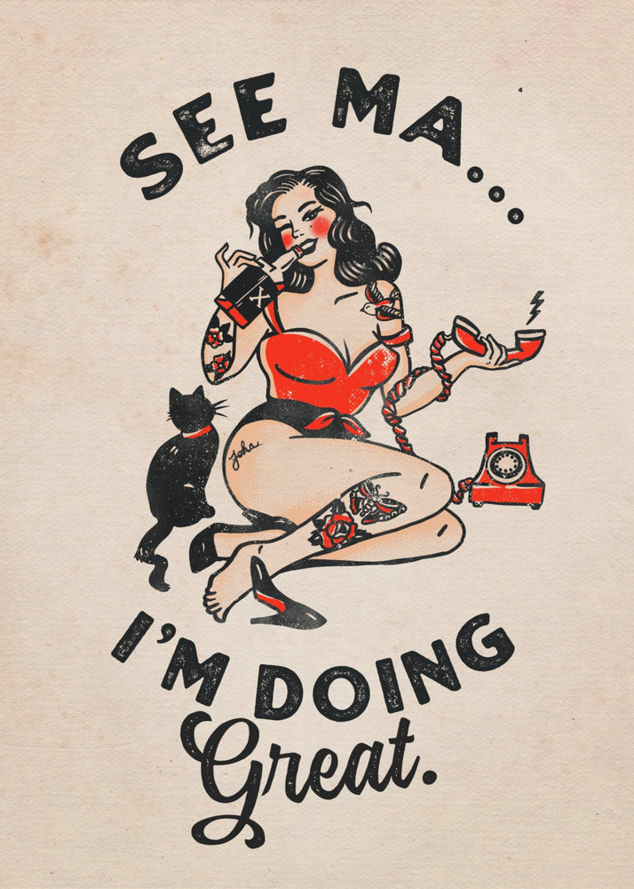 Wandkunst Siehe Ma Poster Lustige Vintage Pin-up Girl & Katze