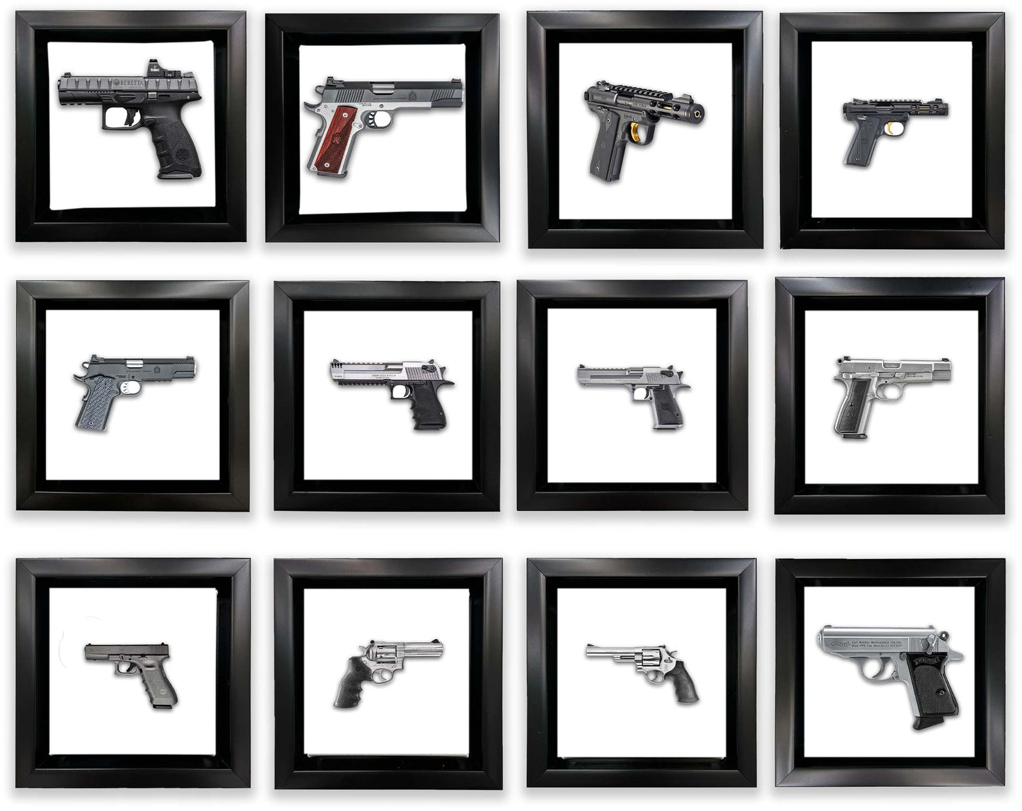 Set von 12 Mini-Gerahmten Kunstleinwänden mit Waffenmotiven