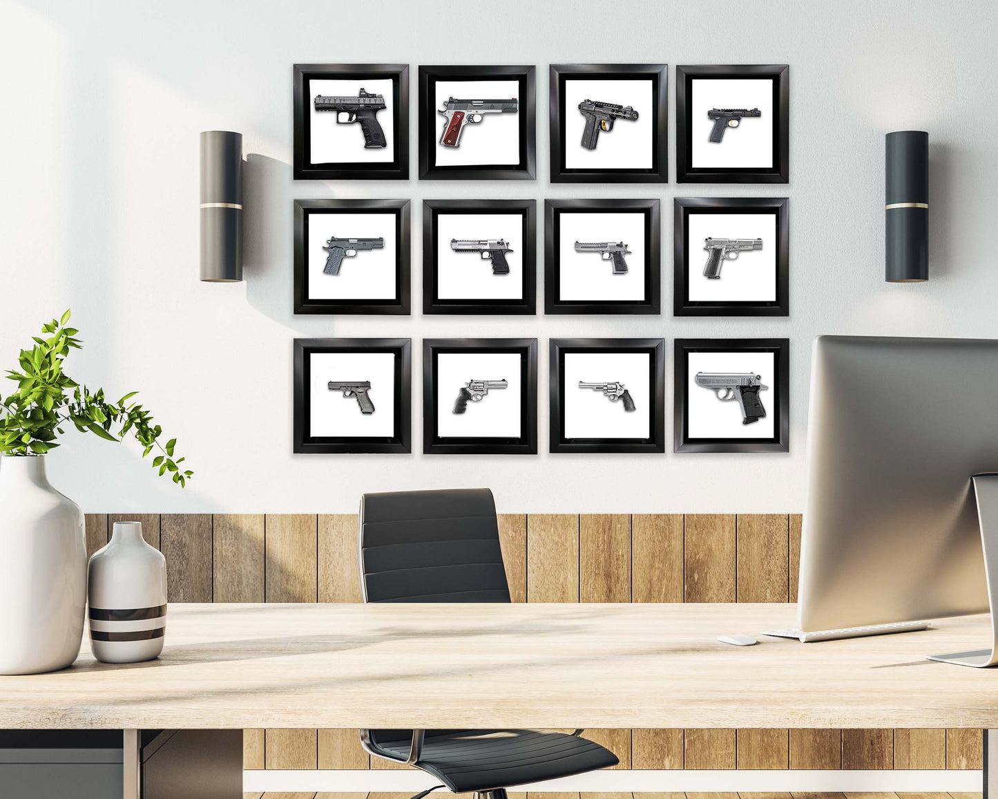 Set von 12 Mini-Gerahmten Kunstleinwänden mit Waffenmotiven