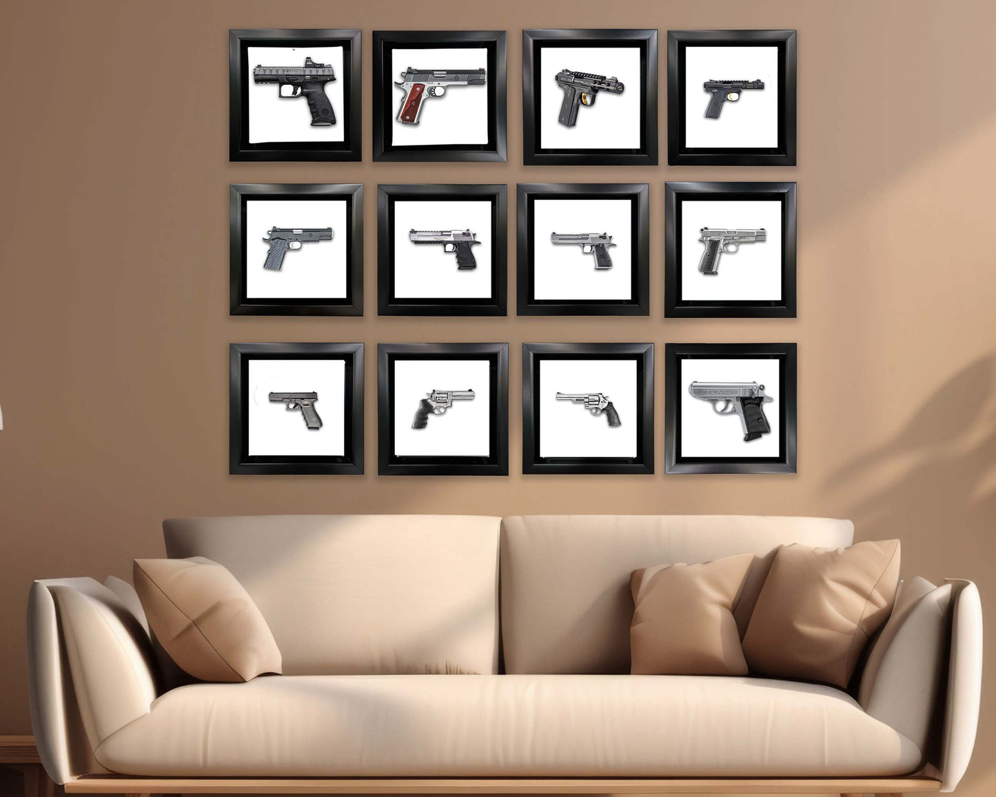 Set von 12 Mini-Gerahmten Kunstleinwänden mit Waffenmotiven