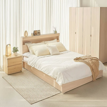 Wiener Holzbett mit Schubladen & Integrierten Steckdosen (Naturholz)