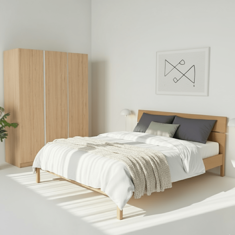 Vline Naturholz-Bett & Vienna 3-türiger Kleiderschrank Combo