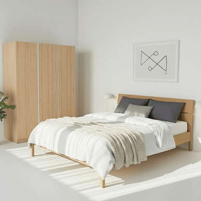 Vline Naturholz-Bett & Vienna 3-türiger Kleiderschrank Combo