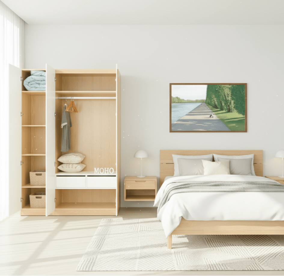 Vline Naturholz-Bett & Vienna 3-türiger Kleiderschrank Combo