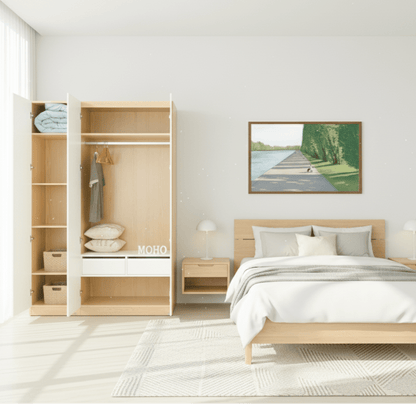 Vline Naturholz-Bett & Vienna 3-türiger Kleiderschrank Combo